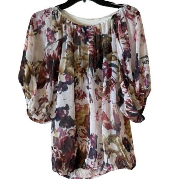 a.n.a Sheer Floral Elastic Waist & Sleeves - Balloon Sleeve Blouse - Medium - Picture 2 of 4